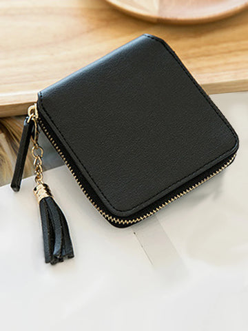Xajzpa Fashionable Tassel Decoration Women's Wallet Mini Solid Color Square Card Holder Minimalist PU Leather Zipper Coin Wallet